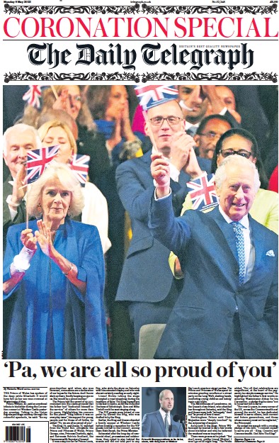 The Daily Telegraph Newspaper Front Page (UK) for 8 May 2023