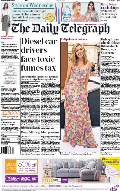 The Daily Telegraph Newspaper Front Page (UK) for 8 June 2016