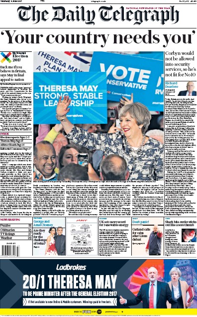 The Daily Telegraph Newspaper Front Page (UK) for 8 June 2017