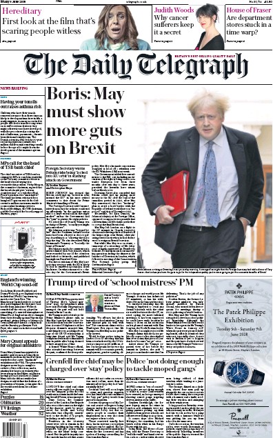 The Daily Telegraph Newspaper Front Page (UK) for 8 June 2018