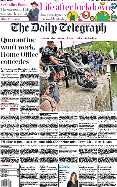 The Daily Telegraph Newspaper Front Page (UK) for 8 June 2020