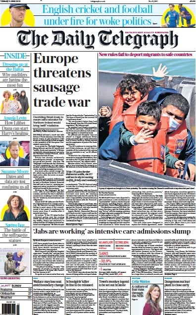 The Daily Telegraph Newspaper Front Page (UK) for 8 June 2021