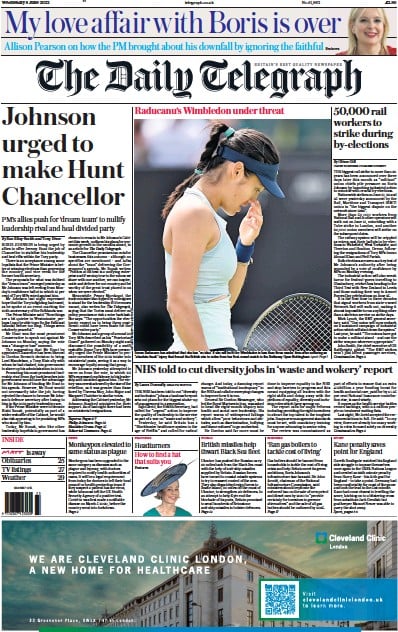 The Daily Telegraph Newspaper Front Page (UK) for 8 June 2022