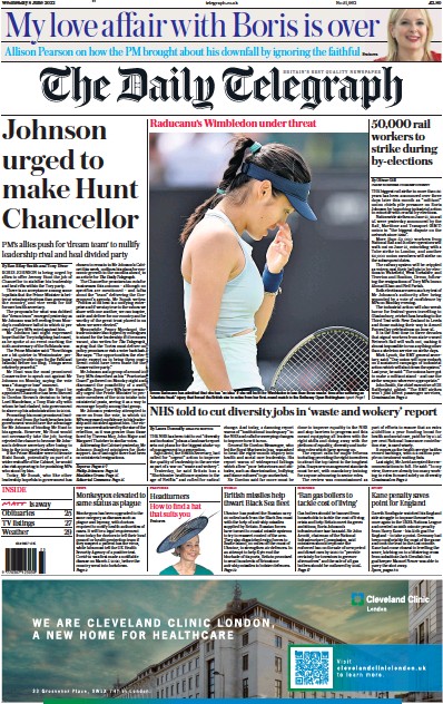 The Daily Telegraph Newspaper Front Page (UK) for 8 June 2022