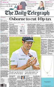 The Daily Telegraph Newspaper Front Page (UK) for 8 July 2015