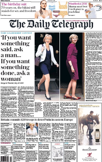 The Daily Telegraph Newspaper Front Page (UK) for 8 July 2016