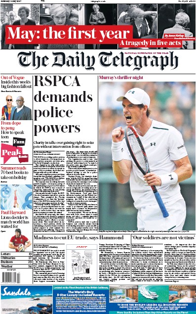 The Daily Telegraph Newspaper Front Page (UK) for 8 July 2017
