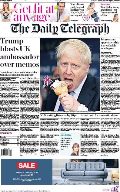 The Daily Telegraph Newspaper Front Page (UK) for 8 July 2019