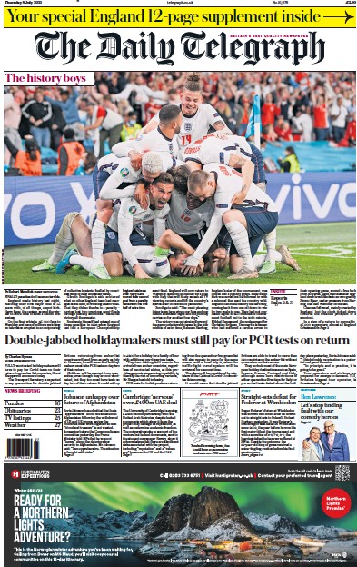 The Daily Telegraph Newspaper Front Page (UK) for 8 July 2021