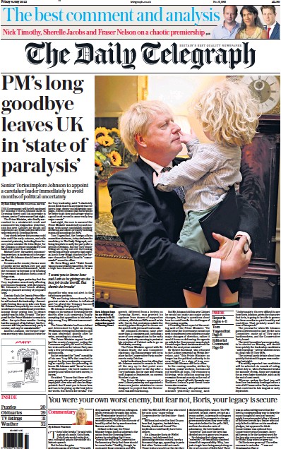 The Daily Telegraph Newspaper Front Page (UK) for 8 July 2022