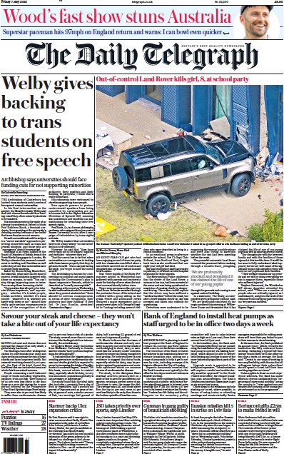The Daily Telegraph Newspaper Front Page (UK) for 8 July 2023