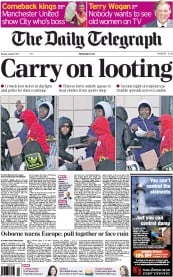 The Daily Telegraph Newspaper Front Page (UK) for 8 August 2011