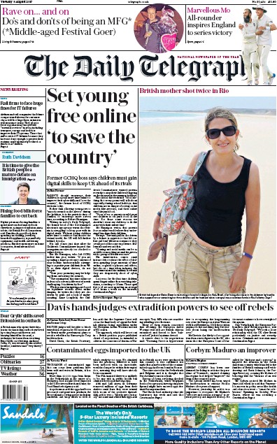 The Daily Telegraph Newspaper Front Page (UK) for 8 August 2017