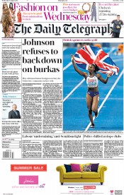 The Daily Telegraph (UK) Newspaper Front Page for 8 August 2018