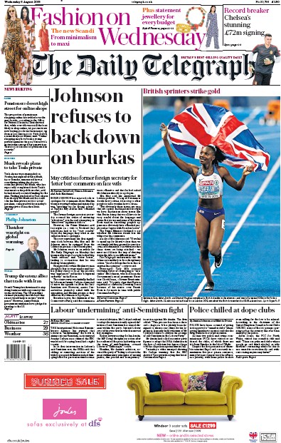 The Daily Telegraph Newspaper Front Page (UK) for 8 August 2018