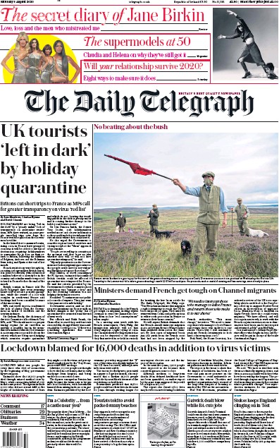 The Daily Telegraph Newspaper Front Page (UK) for 8 August 2020