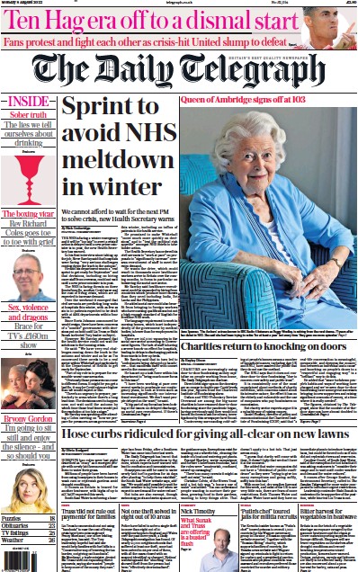 The Daily Telegraph Newspaper Front Page (UK) for 8 August 2022