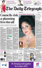 The Daily Telegraph (UK) Newspaper Front Page for 8 September 2011
