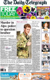 The Daily Telegraph (UK) Newspaper Front Page for 8 September 2012