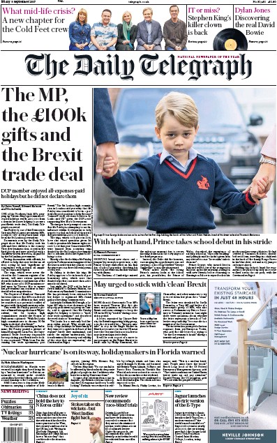 The Daily Telegraph Newspaper Front Page (UK) for 8 September 2017