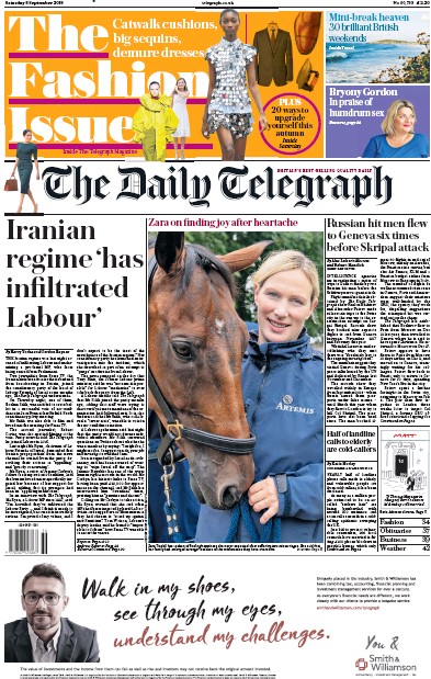 The Daily Telegraph Newspaper Front Page (UK) for 8 September 2018