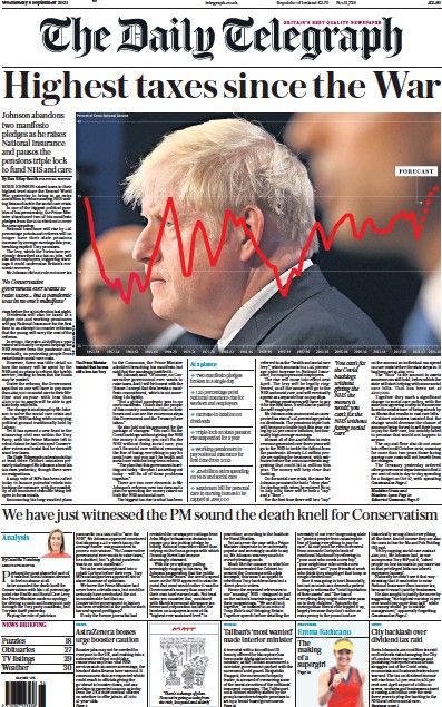The Daily Telegraph Newspaper Front Page (UK) for 8 September 2021