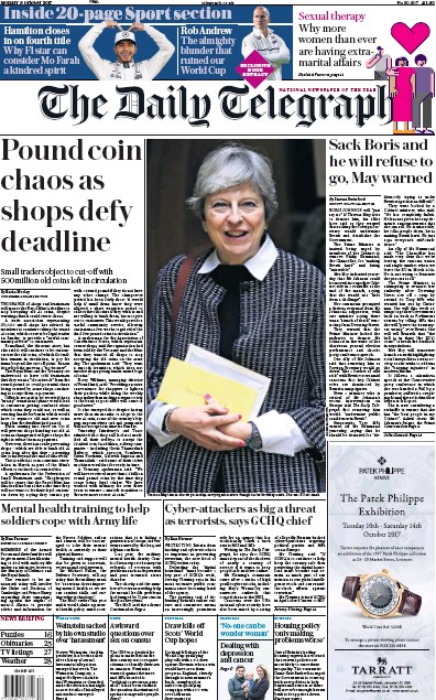 The Daily Telegraph Newspaper Front Page (UK) for 9 October 2017