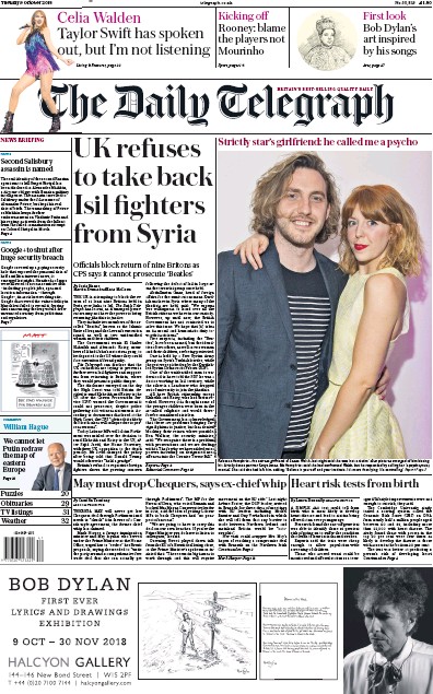 The Daily Telegraph Newspaper Front Page (UK) for 9 October 2018