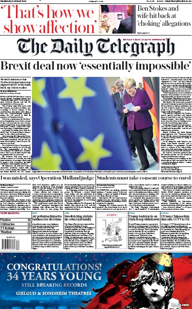 The Daily Telegraph Newspaper Front Page (UK) for 9 October 2019