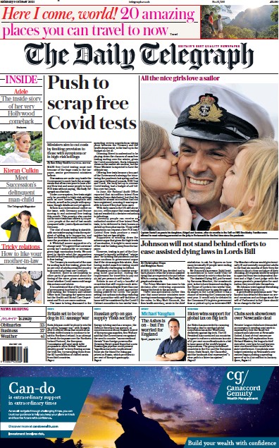 The Daily Telegraph Newspaper Front Page (UK) for 9 October 2021