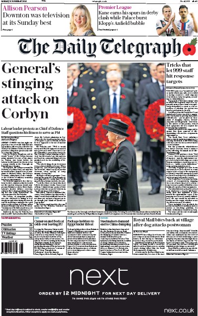 The Daily Telegraph Newspaper Front Page (UK) for 9 November 2015