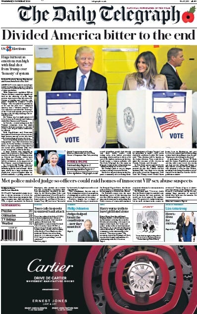 The Daily Telegraph Newspaper Front Page (UK) for 9 November 2016