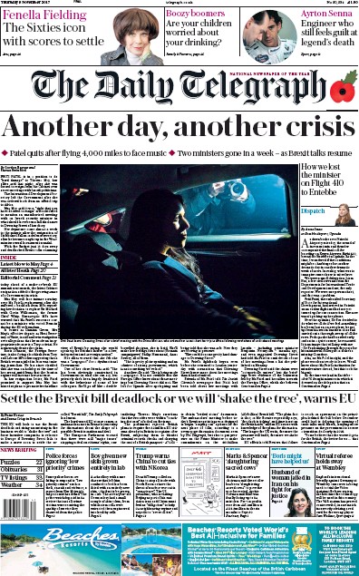 The Daily Telegraph Newspaper Front Page (UK) for 9 November 2017