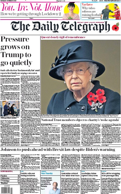 The Daily Telegraph Newspaper Front Page (UK) for 9 November 2020