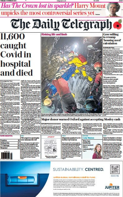 The Daily Telegraph Newspaper Front Page (UK) for 9 November 2021