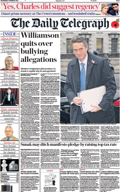 The Daily Telegraph Newspaper Front Page (UK) for 9 November 2022