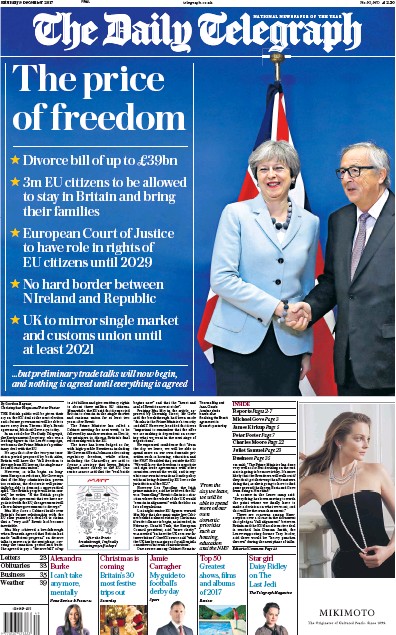 The Daily Telegraph Newspaper Front Page (UK) for 9 December 2017