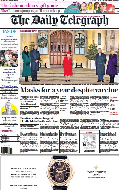 The Daily Telegraph Newspaper Front Page (UK) for 9 December 2020