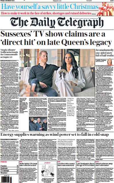 The Daily Telegraph Newspaper Front Page (UK) for 9 December 2022