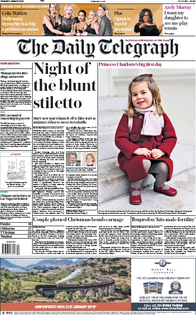 The Daily Telegraph Newspaper Front Page (UK) for 9 January 2018