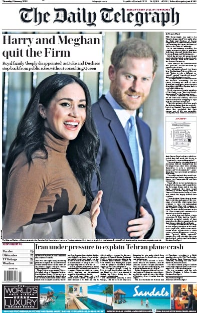 The Daily Telegraph Newspaper Front Page (UK) for 9 January 2020