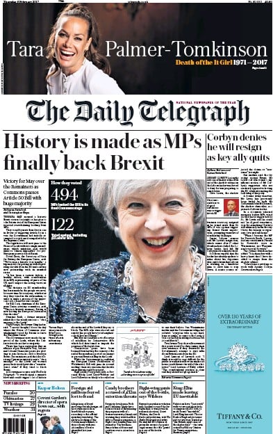 The Daily Telegraph Newspaper Front Page (UK) for 9 February 2017