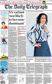 The Daily Telegraph (UK) Newspaper Front Page for 9 February 2021