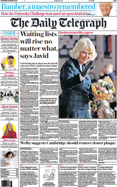The Daily Telegraph Newspaper Front Page (UK) for 9 February 2022