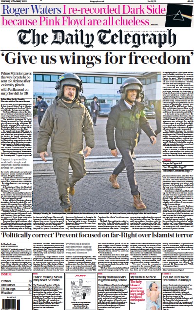 The Daily Telegraph Newspaper Front Page (UK) for 9 February 2023