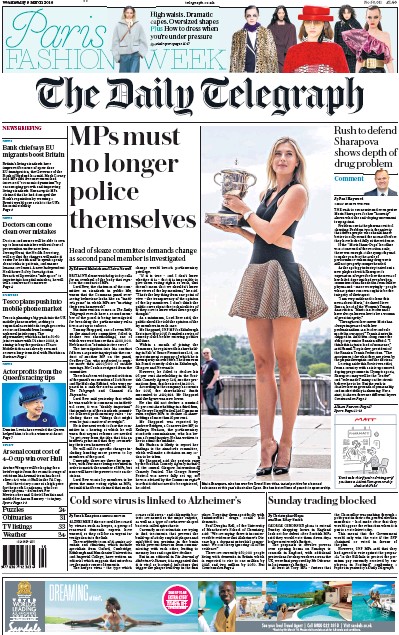 The Daily Telegraph Newspaper Front Page (UK) for 9 March 2016