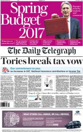 The Daily Telegraph (UK) Newspaper Front Page for 9 March 2017