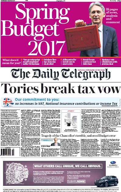 The Daily Telegraph Newspaper Front Page (UK) for 9 March 2017