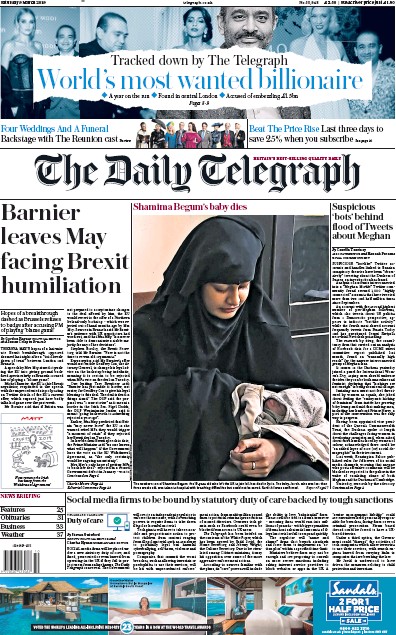 The Daily Telegraph Newspaper Front Page (UK) for 9 March 2019