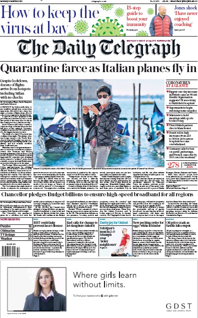 The Daily Telegraph Newspaper Front Page (UK) for 9 March 2020